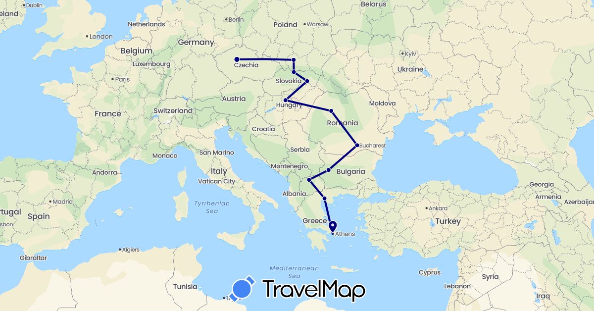 TravelMap itinerary: driving in Bulgaria, Czech Republic, Greece, Hungary, Macedonia, Poland, Romania, Slovakia (Europe)