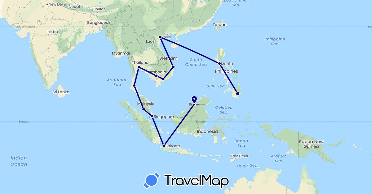 TravelMap itinerary: driving in Brunei, Indonesia, Cambodia, Malaysia, Philippines, Singapore, Thailand, Vietnam (Asia)