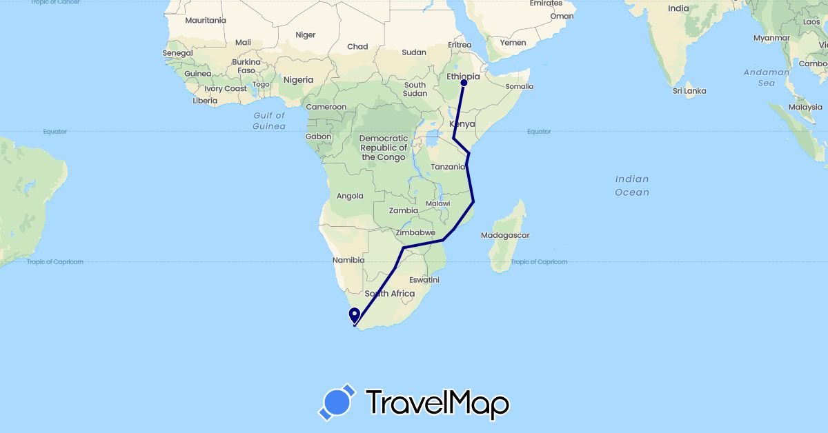 TravelMap itinerary: driving in Botswana, Ethiopia, Kenya, Mozambique, Tanzania, South Africa (Africa)